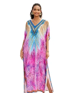 Colorful Color Stretch Mesh Long Swim Dress Cover up Sun Protection Bohemian Style Dress Recyclable Fabric Swimsuit for Women