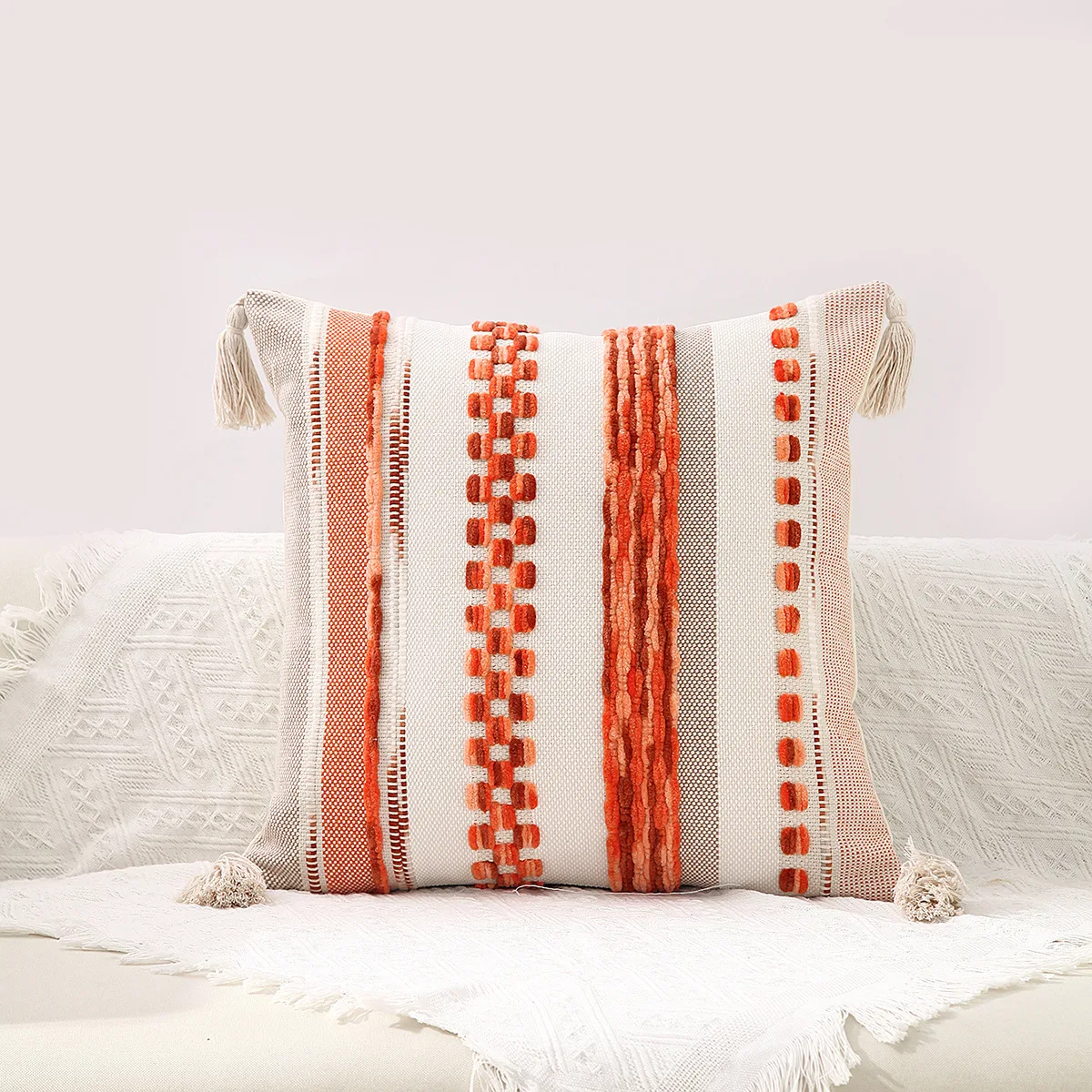 Boho Throw Cushion Cover  Woven Tufted Farmhouse Pillows Cover with Tassels Textured Striped Cushion Case Neutral Pillow Cases
