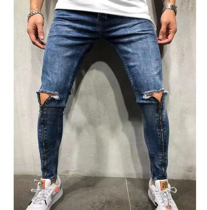 Custom Men's Fashion Ripped Jeans Washed Patch Slim Fit Thin Stretch Skinny Denim Pant Streetwear Men Jeans with Hole