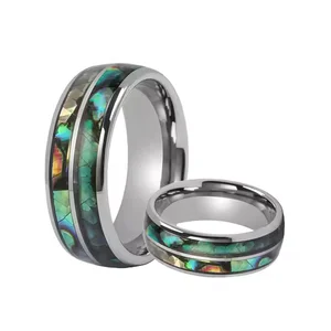 8mm Dome Tungsten Carbide Ring Natural Abalone Shell Opal Wood Inlay Mens Ring Jewelry