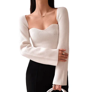 Custom Luxury White Rib Knitted Women's Wool Sweater Square Collar Long Sleeve Sexy Sweater Knitted Elegant Sweater