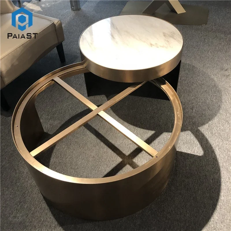 product natural white and black marble modern design  metal base round home coffee table round nature stone interior  table-5