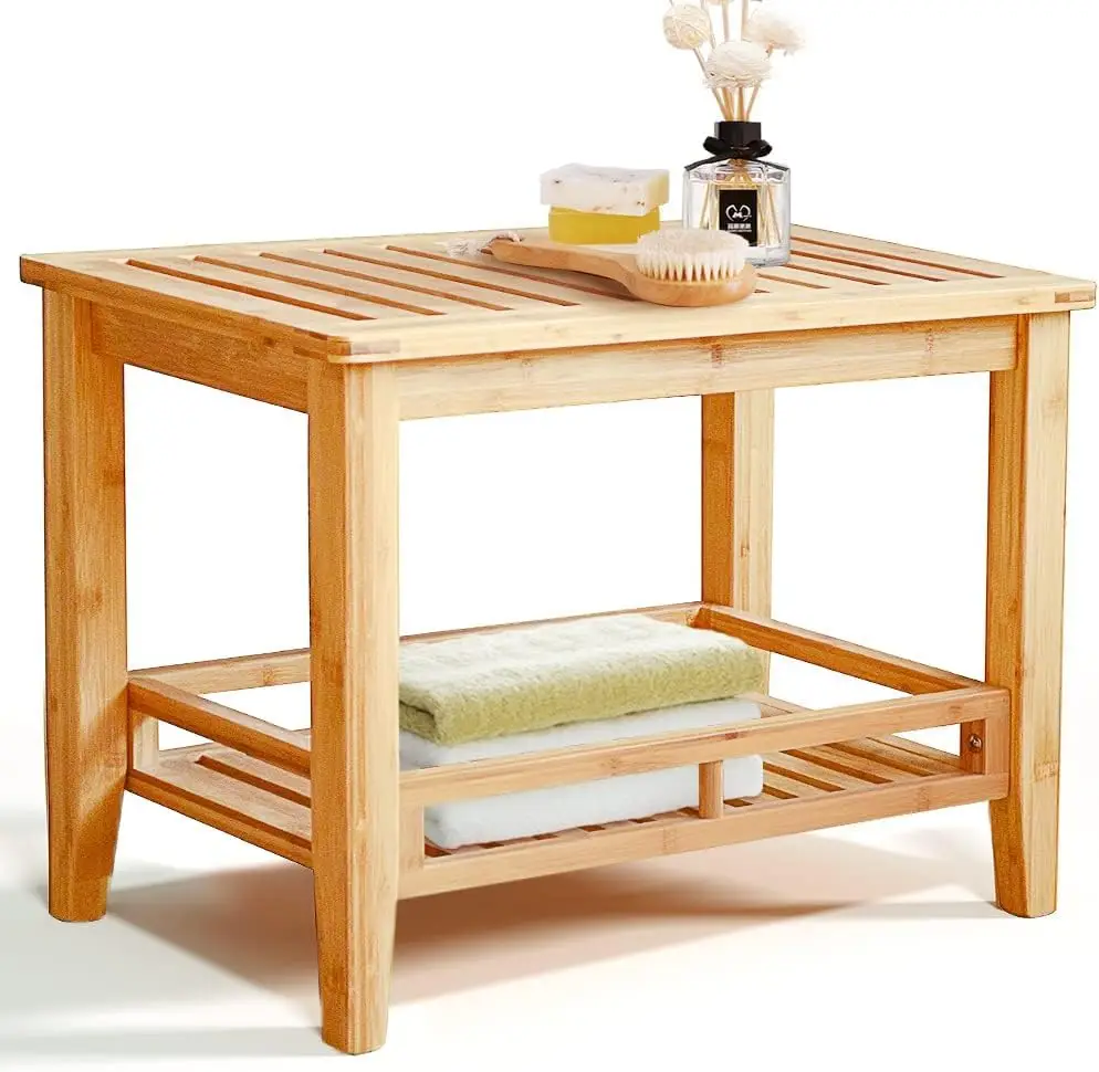 Combohome Bamboo Shower Bench Corner Shower Bench With Storage Shelf