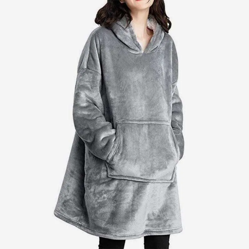 One Piece Hoodie Outdoor Warm Sweatshirt Blanket Microfiber Plush Fleece Sherpa Sleeves Super Soft Adult  Hoodie