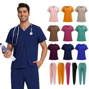 Custom Logo Multi Colors V-Neckline Short Sleeve Pocket Man and Woman Dentist Nurse Medical Hospital Uniforms Scrubs Sets