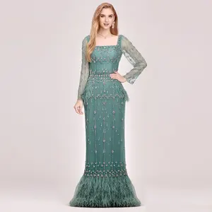 Custom Wholesale Women Turquoise Feathers Beaded Long Sleeves Mermaid Party Gowns Elegant Tropical Rhinestone  Evening Dresses
