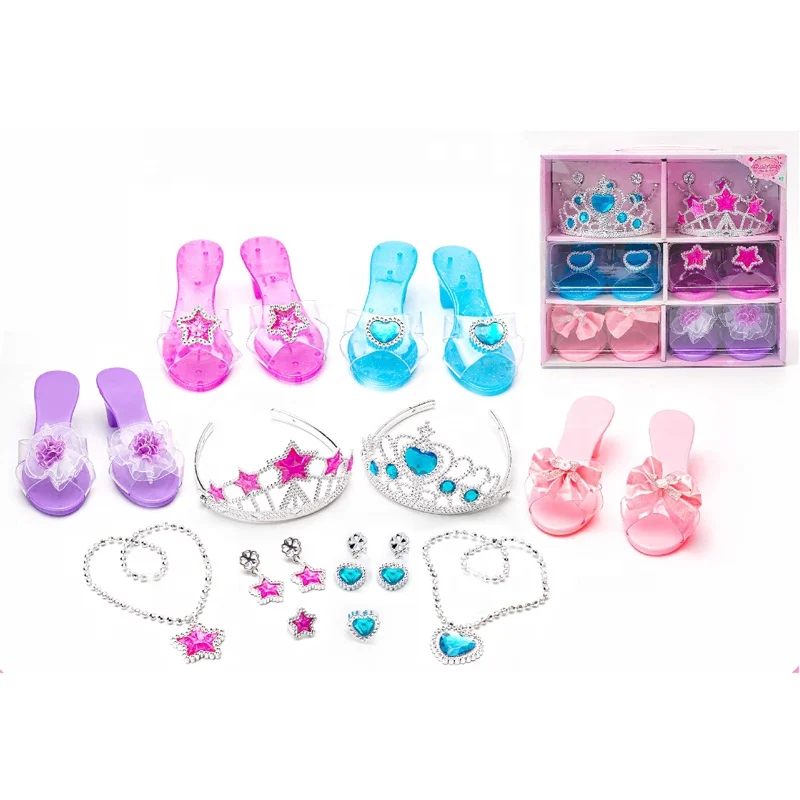 Girls Dress up Toy Crown Kit Princess Plastic High Heel Shoes Pretend Play  Set Beauty Toy Shoes Set