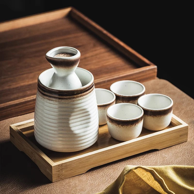 Ceramic Sake Set with Warmer Japanese Style Porcelain Hot Saki Drink Warmer Set  of 5 with 1 Sake Bottle and 4 Sake Cups