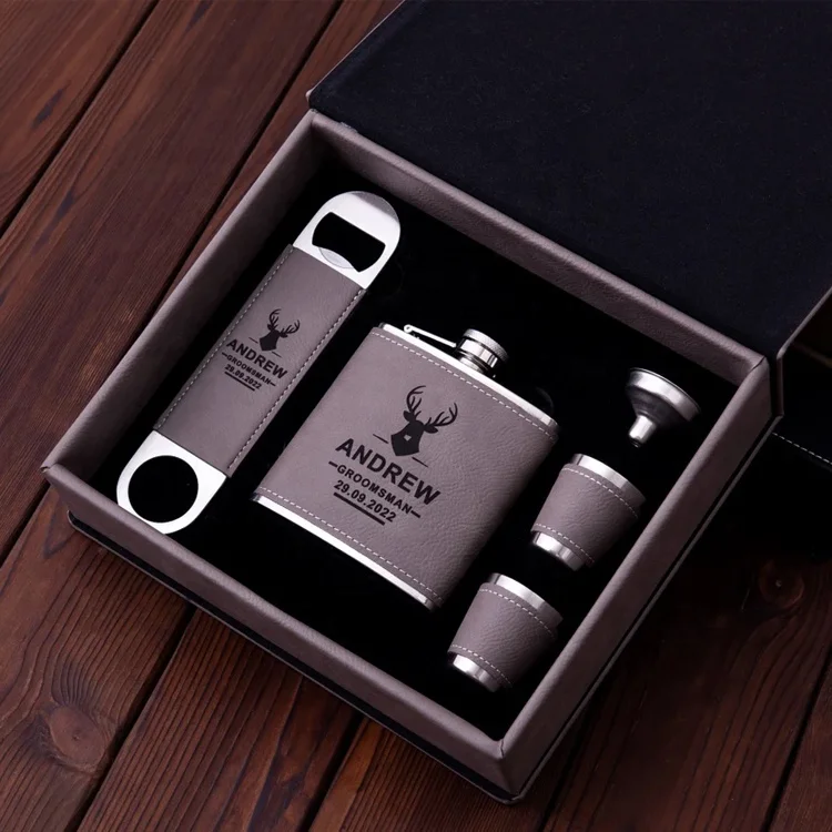 Personalized Custom 6oz Hip Flask and Bottle Opener Wedding Men Birthday Box Laser Engraved Leatherette Groomsmen Gift Set