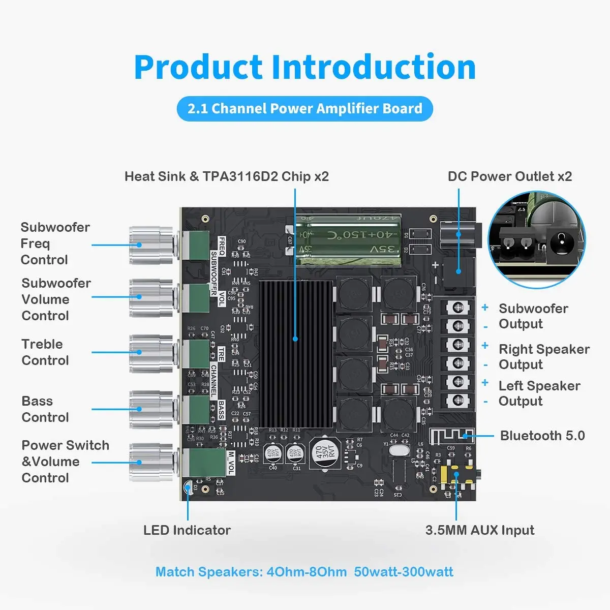 Zk-tb21 Bluetooth 5.0 Stereo Audio Receiver Amplifier Board 2.1channel ...