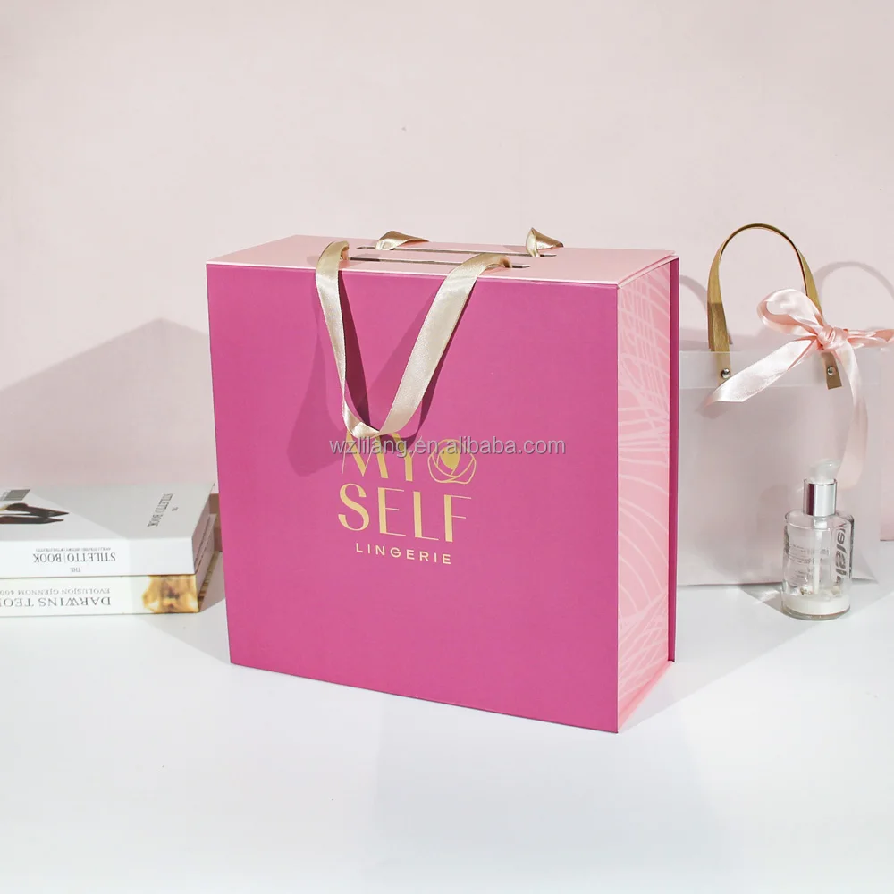 Custom Ribbon Handle Pink Rigid Paper Cardboard Packaging Magnetic ...
