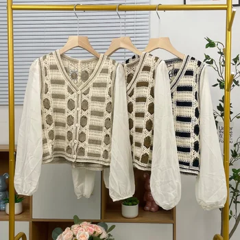 Spring and autumn temperament casual vintage embroidered hollow chiffon long-sleeved crochet flower knitwear woman