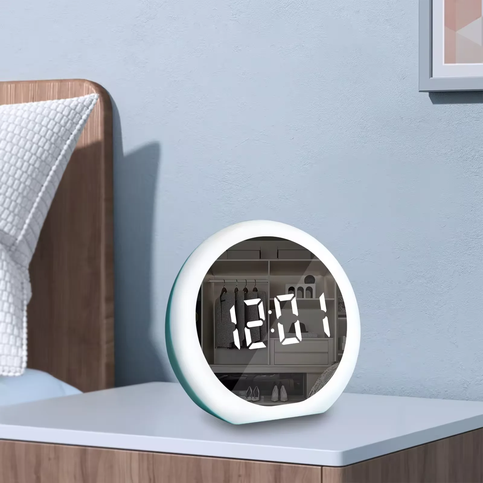 Funny Electronic Clock Round Mirror Surface Rechargeable White LED Jumbo Display Home Alarm Clock