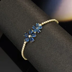 Ilona New Trendy Blue Flower 14K Gold Plated Zircon Copper Bracelet Women's Fashion Adjustable Pull Cord Bracelet Wholesale