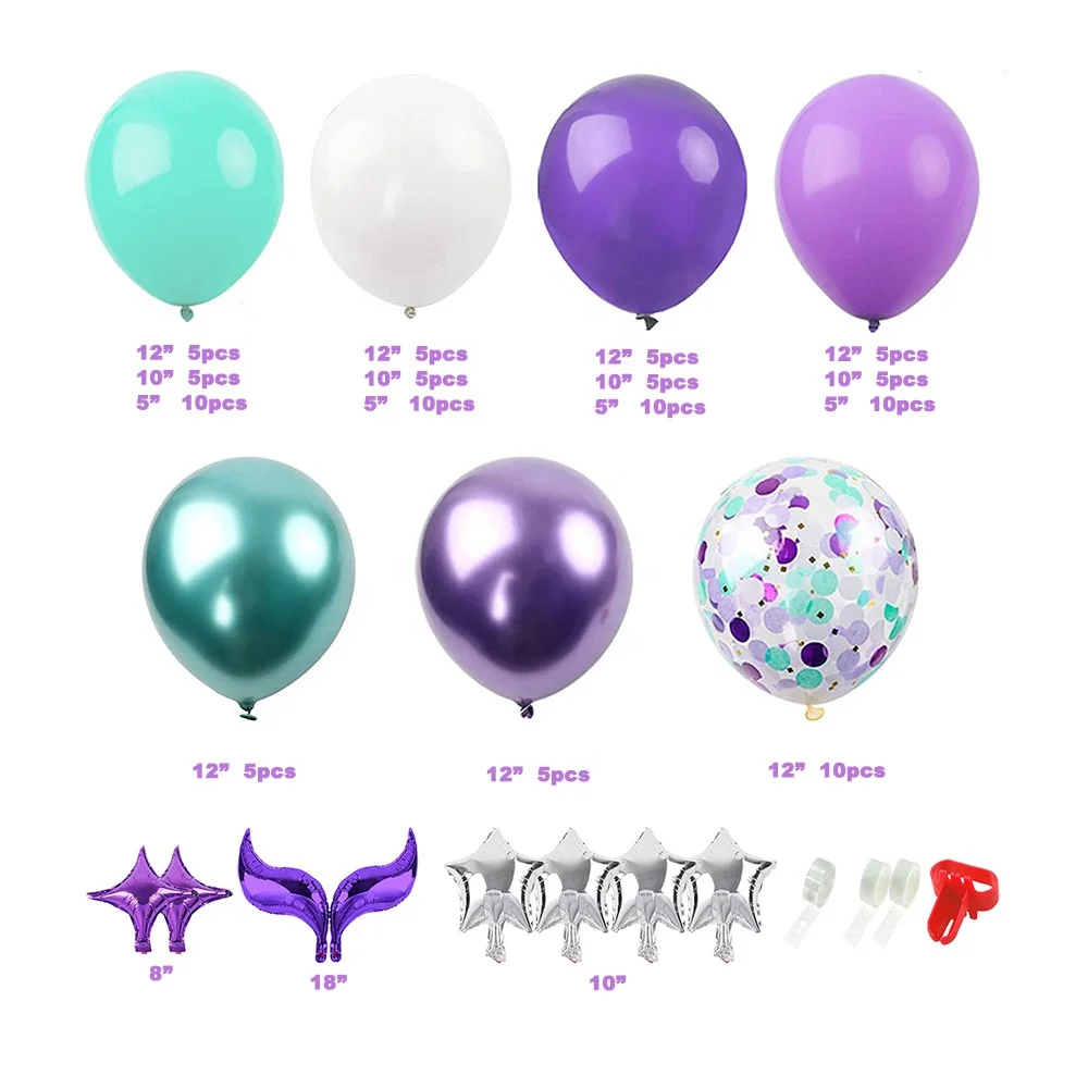 Birthday Theme Party Decor Supplies Decorations Purple Blue Latex and Silver Mermaid Tail Foil Balloon Arch Garland Kits Set