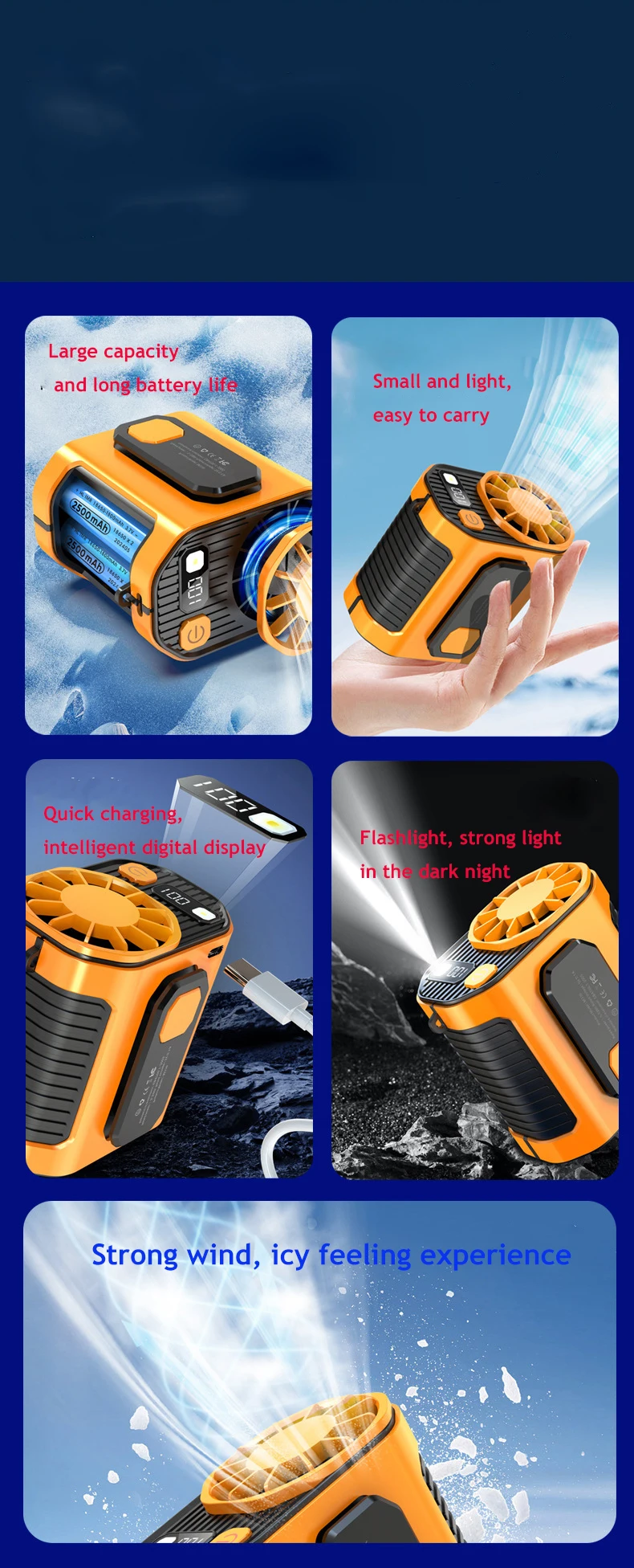 6000mAH Hanging Waist Fan Flashlight Emergency Power Bank Portable Rechargeable Outdoor Camping Hiking Climbing Fan with LED