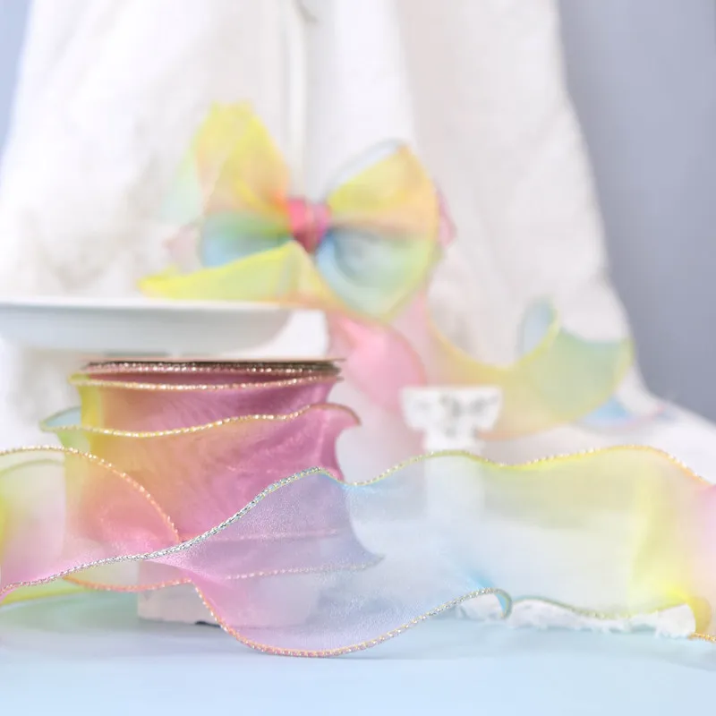 New Style 50MM Rainbow Gradient Color Golden Wired Edge Polyester Organza Ribbon