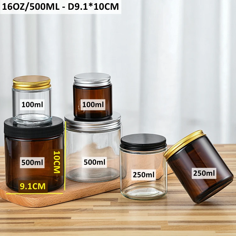 2/4/8/16 Oz 60ml 120 Ml 250ml 500ml Round Metal Lid Amber Glass Jar For