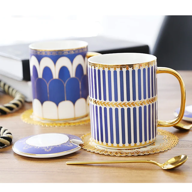 Modern Nordic Arabic Ceramic Coffee Cup Mugs With Golden Spoon Lid