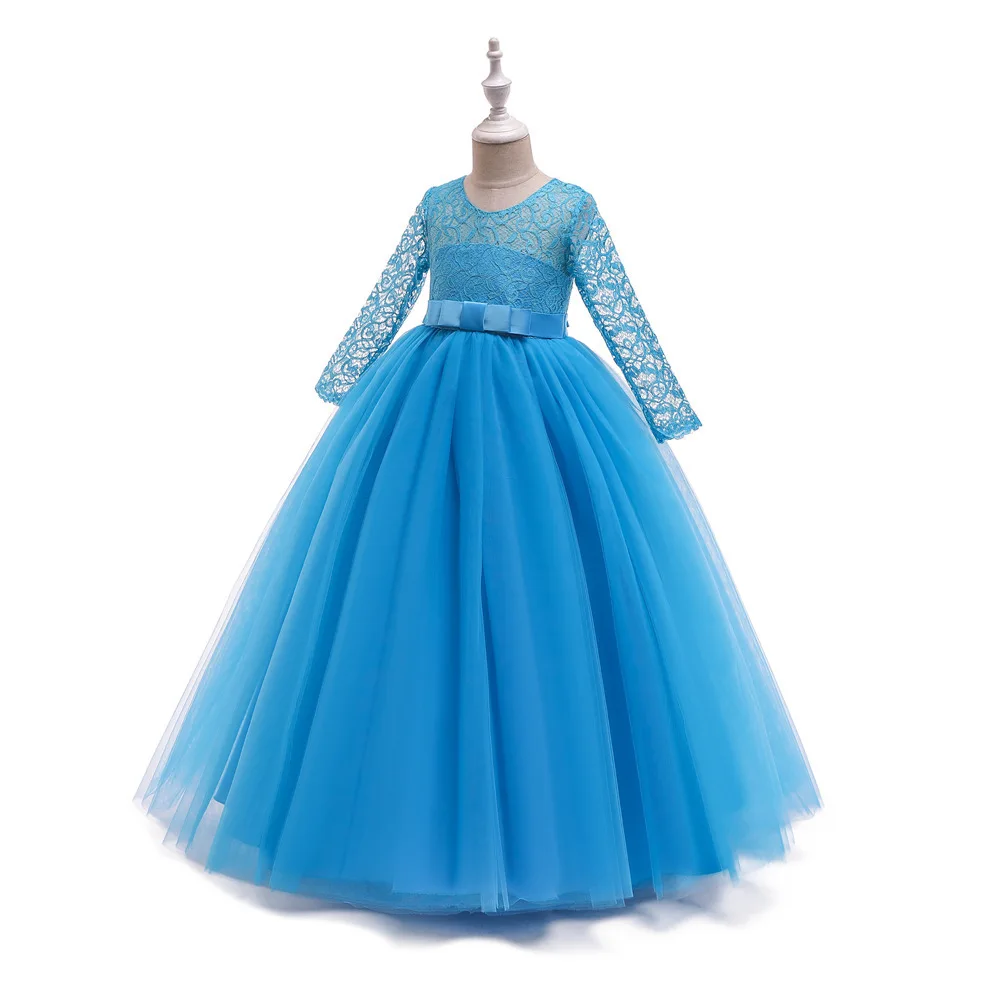 Full sleeve sky blue rich satin-sheer bodice baby party gown with