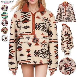 Western Faux Fur Female Sweatshirts Soft Winter Aztec Sherpa Fleece Pullover Custom Vintage Sweatshirt Women