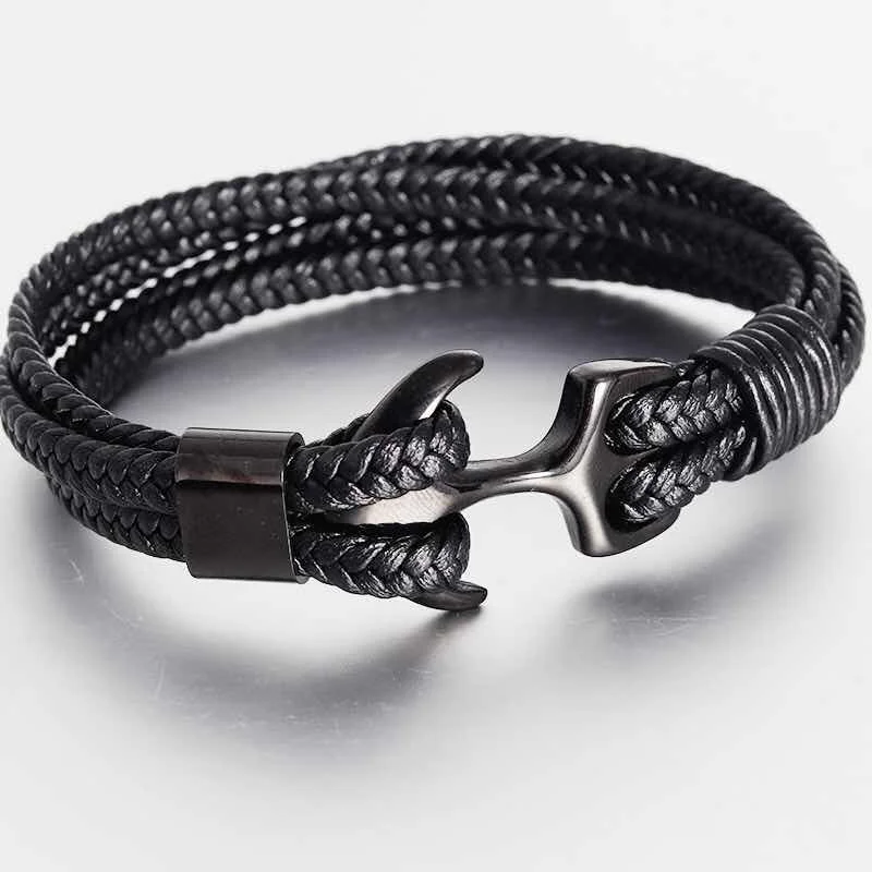 MEN’S BRACELET WOMEN STAINLESS STEEL JEWELRY LEATHER WRIST BAND ANCHOR STYLE