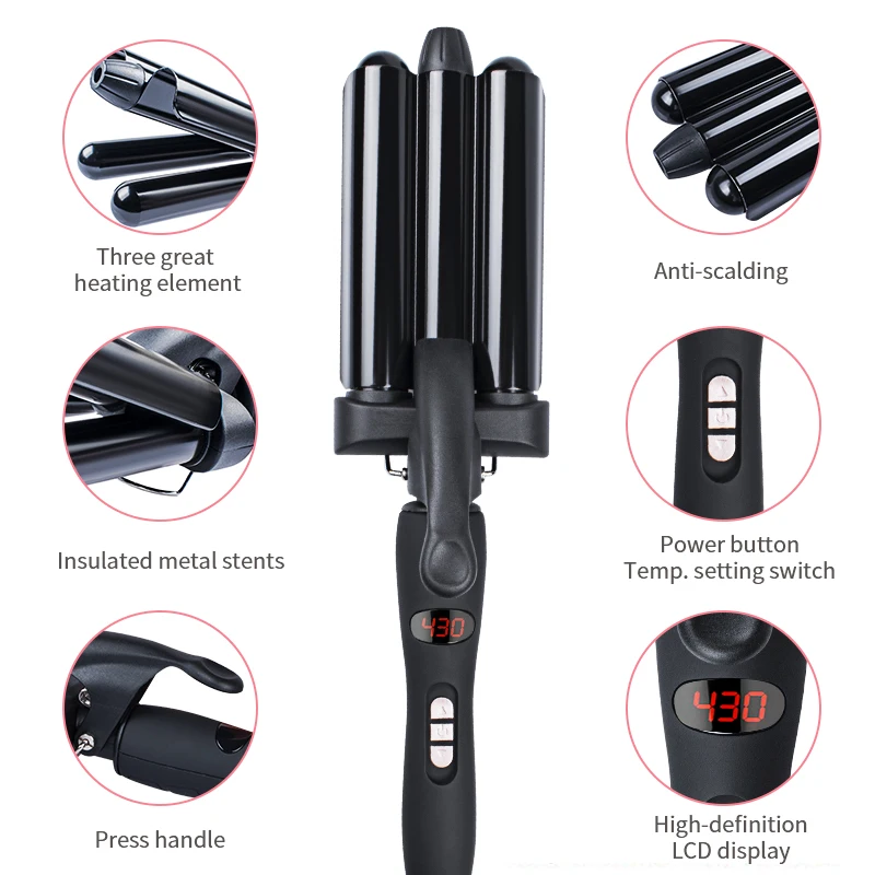 Ceramic Hot Curlers Triple Deep Waver 3 Barrel Wave Hair Curling Iron Professional Automatic Rotating Curling Iron Hair Curler