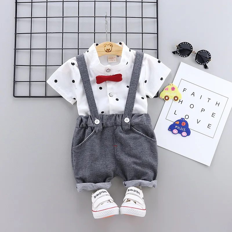 Baby Boy Clothes Summer Dot Print Bow Tie Striped Suspenders