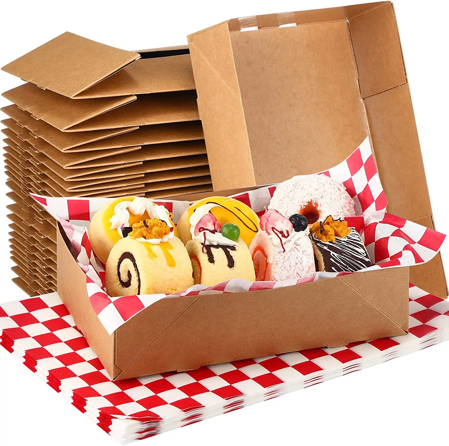 Brown Greaseproof Packs Checkered Wrapping Paper Theater Stadium Disposable Foldable Cardboard Kraft Paper Food Trays