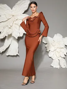 New Fashion Women Sexy Hollow Out Ruffles Bandage Dress Long Sleeve Birthday Evening Cocktail Party Dresses