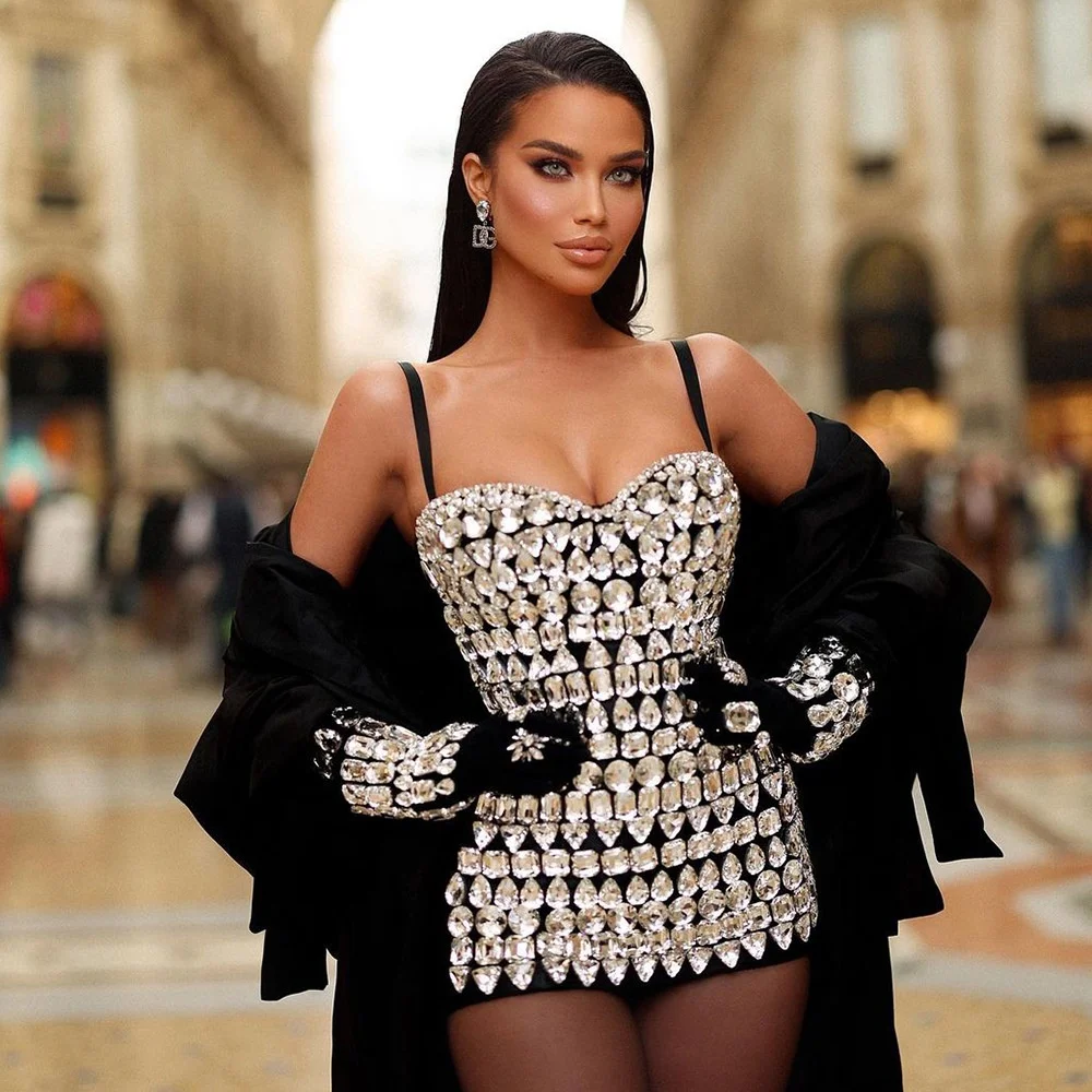 Fashion Luxury Party Dress for Women Clubwear Bodycon Bandage Black Mini  Dress With Beads Diamond Decoration Vestidos