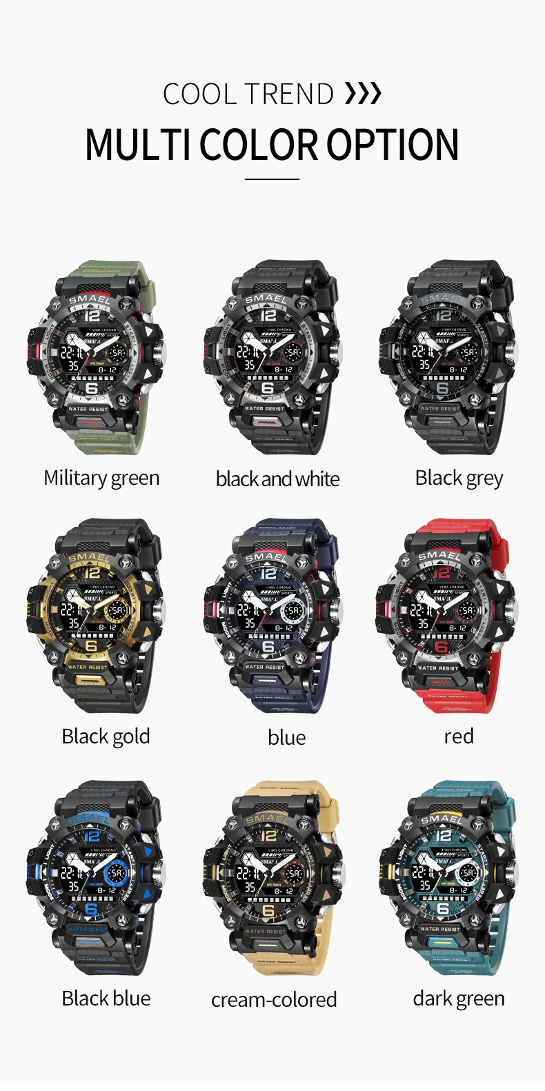 SMAEL 8072 Orologio Sportivo Uomo, Display Analogico-Digitale, 50m Impermeabile, Cronometro E Sveglia, Cinturino Robusto (Nero/Oro)