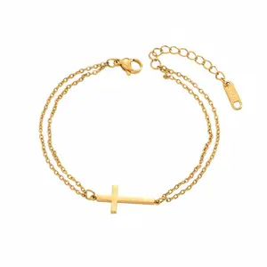 18K Gold Plated Bead Cross Women's Adjustable Stainless Steel Thin Cuban Twist Chain Bracelet Trendy Party Bridesmaid Jewelry