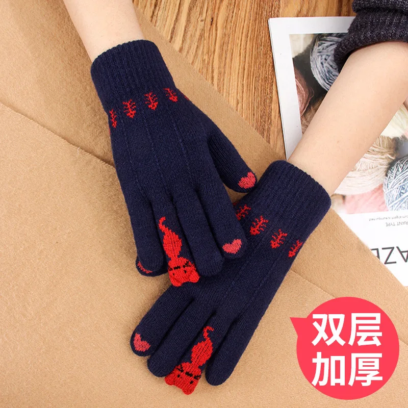 Vintage Christmas Deer Knitted Gloves Women Thicken Touch Screen Gloves Winter Warm Snow Full Finger Mittens Xmas Gift Women Fin