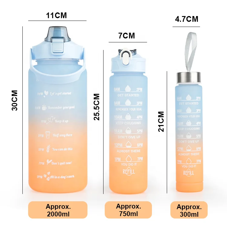 Gloway 3Pcs/Set 300ml 750ml 2000ml Outdoor Sport or Gym BPA-Free Plastic Fitness Motivation Water Bottle With Time Maker
