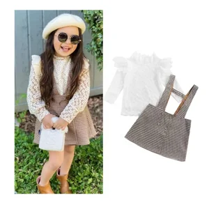 Fashion Girls Clothes Sets Lace Floral Stand Collar Long Sleeve Pullover Tops Suspender Skirt Spring 2pcs Children Outfits