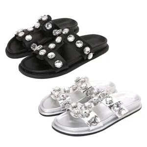 Za Women's 2026 Summer Flat Casual Sandals New Arrivals Black Rhinestone Embellished Thong Sandals with Thick-Soled Fashionable