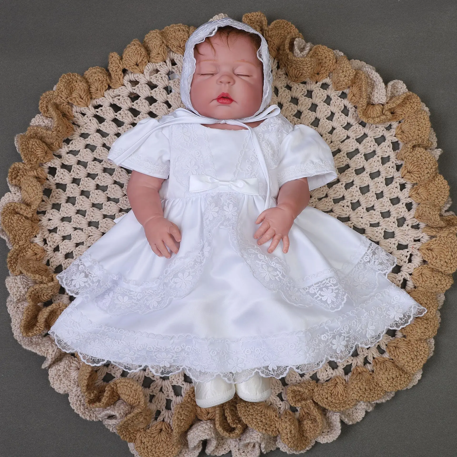 Wholesale o-neck baby baptism dress children's princess dress formal girls dress White girl's wedding dress,5 Pieces