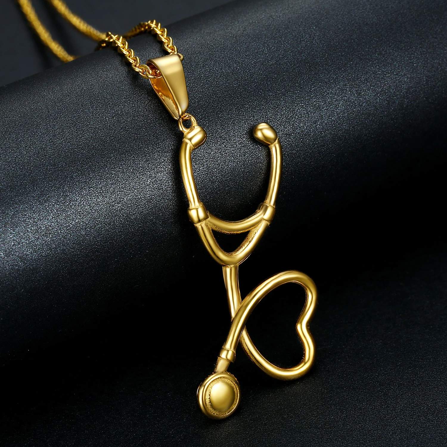 Vintage Men Gold Medical Love Pendant Jewelry Gift Necklace Stainless Steel  Nurse Doctor Stethoscope Necklace