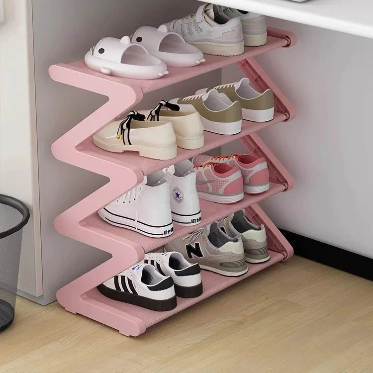 4-Tier Pink Z-Shaped Shoe Rack - Floor-Mounted Storage Rack for Living Room Bedroom & Entryway|Shoe Rack|Shoe Storage Organizer