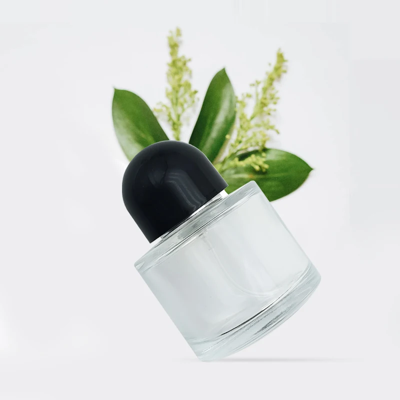 Fast Delivery 50ml 100ml Column Shape Empty clear Glass Perfume Bottle with Black Ball Lid and logo Custom