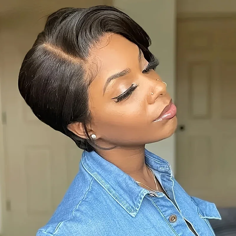 150% Density 6 Inch 13x1 T Part Transparent Lace Short Pixie Cut Remy Human Hair Wig Natural Black Color For Women_voghion.com