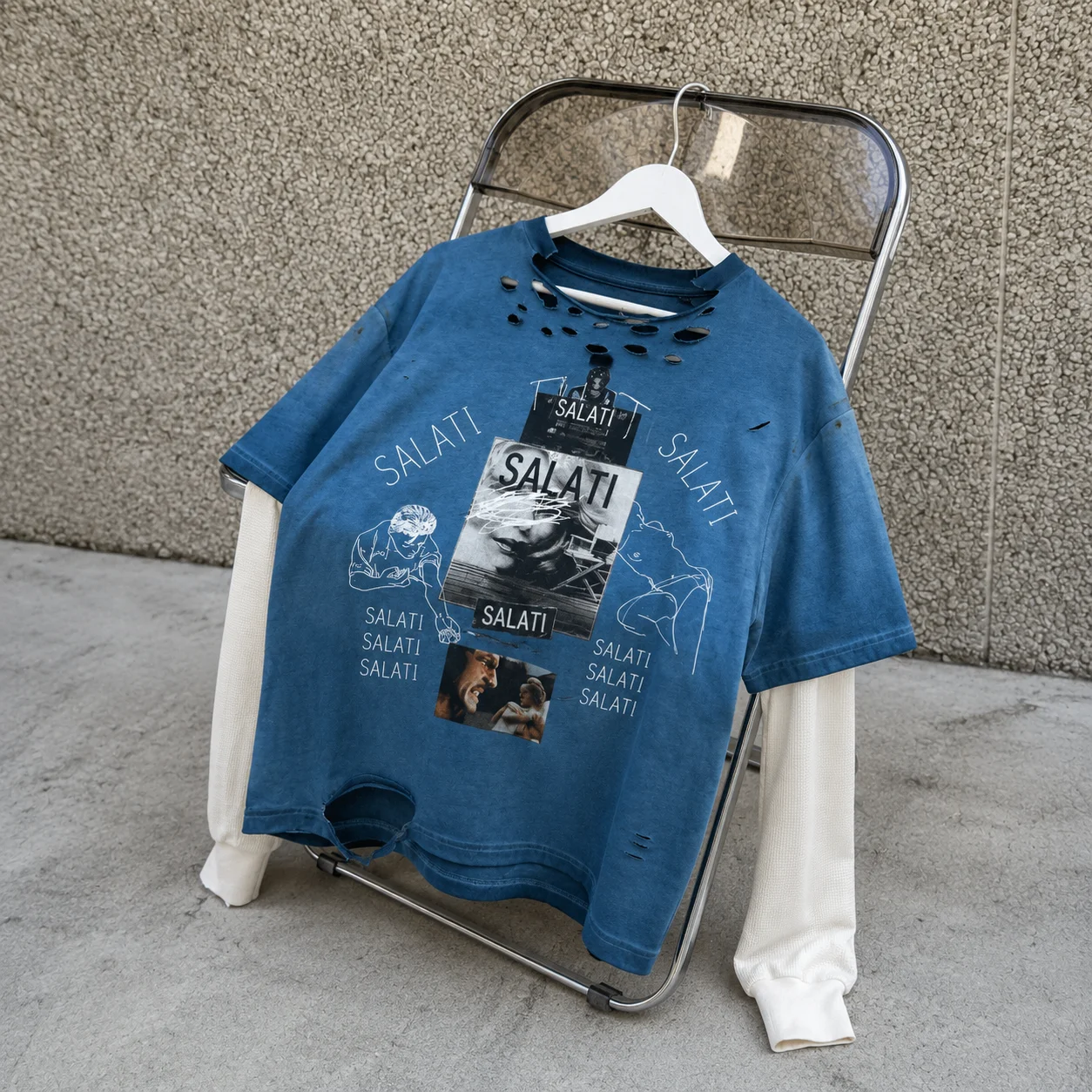 Custom Logo Streetwear Double Layer Long Sleeve T Shirt Waffle Acid Wash Distressed Cotton T Shirt for Men gallery 7