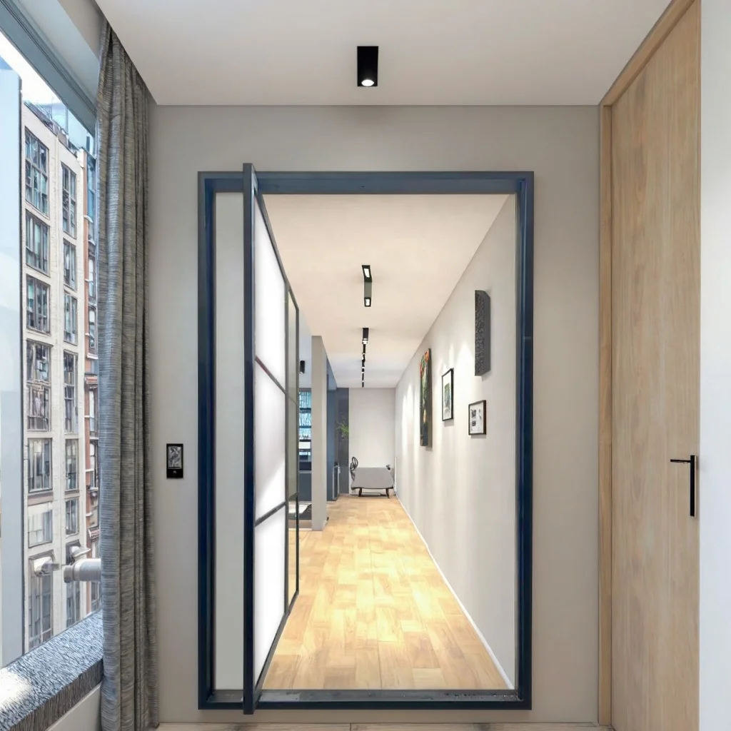 Modern Wrought Iron Front Door with Rotating Pivot Design for Hall Outdoor Apartments Villas Living Rooms & Exteriors details