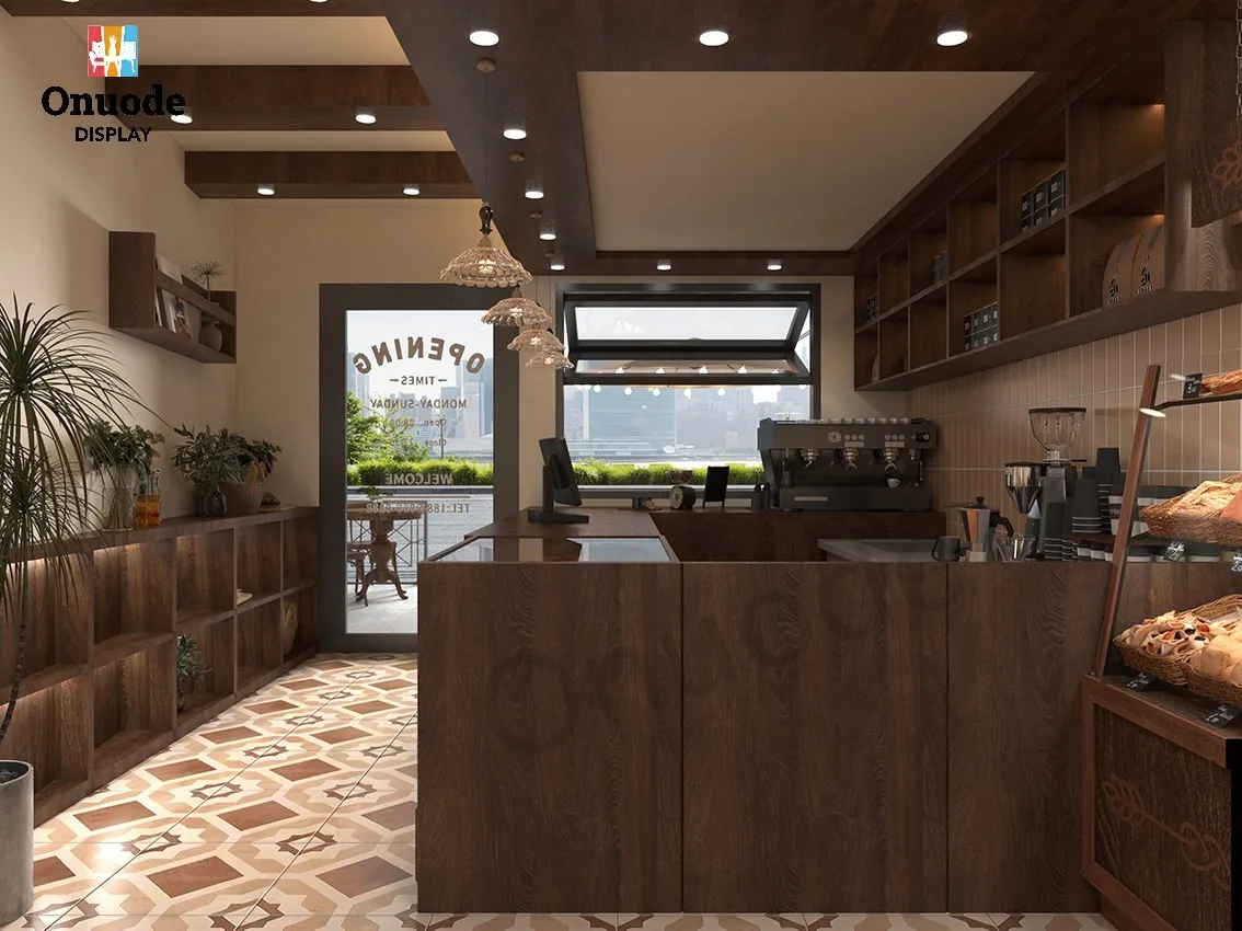 Commercial Furniture Wooden Design Coffee Bar and Wine Rack Kiosk Shelves for Cafe Interior & Showcases