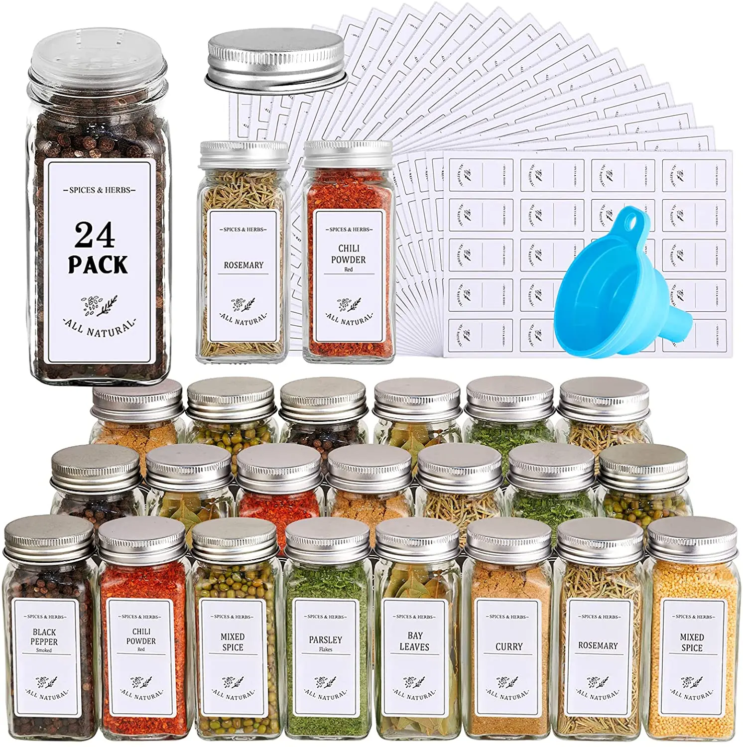 24 Pcs Glass Spice Jars with Spice & Pantry labels - 4oz Empty Square Spice Containers  Bottles Shaker Lids and Airtight Metal Caps - Measuring Spoons Set and  Silicone Funnel Included