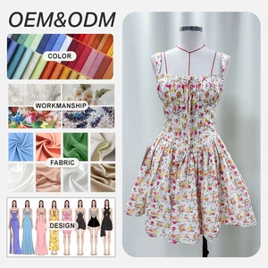 Wholesale Custom Summer Ballet Waist Drawstring Collar Puffy Flora Print Line Pleated Birthday Casual Short Dress for Women