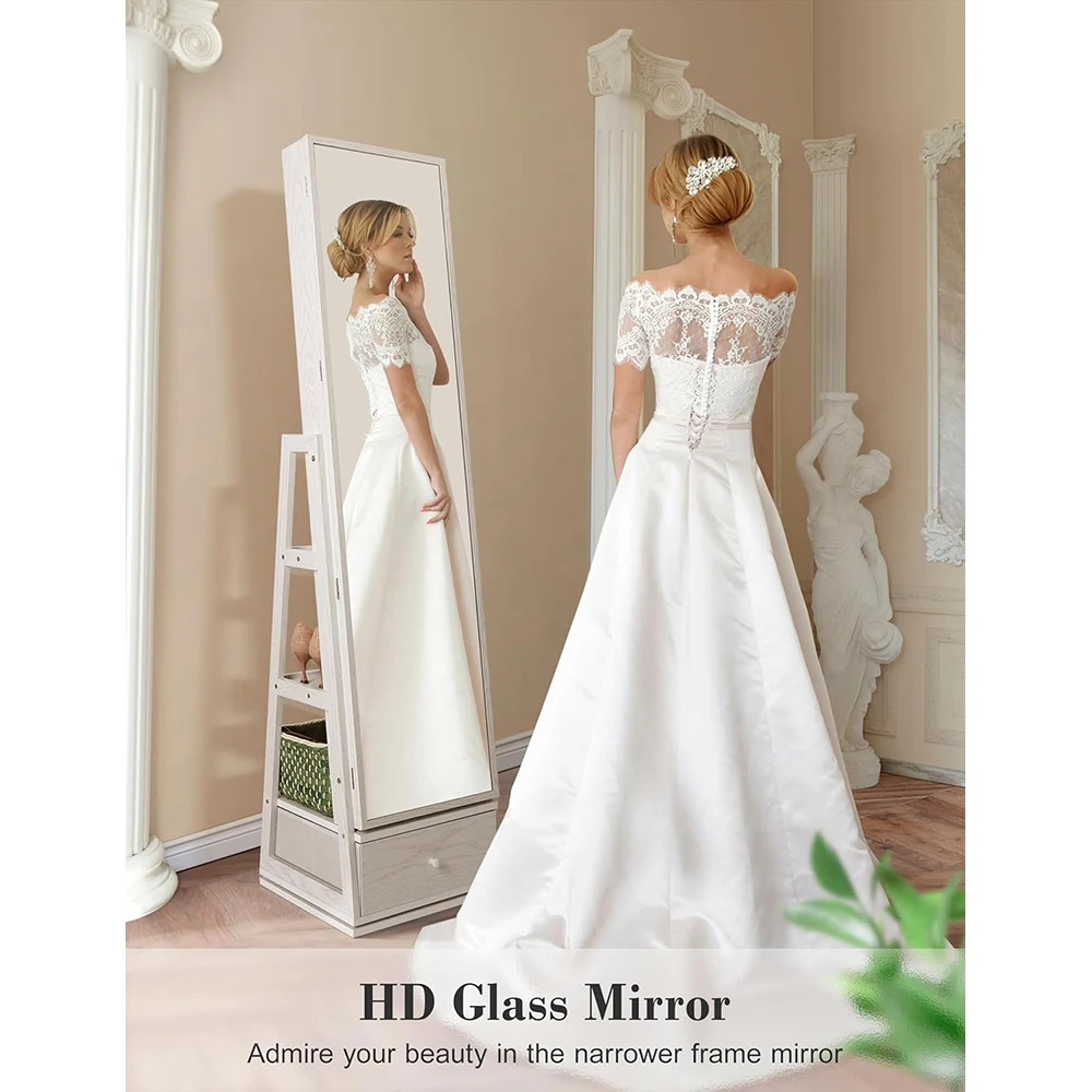 360° Swivel Rotatable Full Length Mirror Standing Jewelry Cabinet with Foldable Makeup Shelf and 3 Rear Storage Racks details