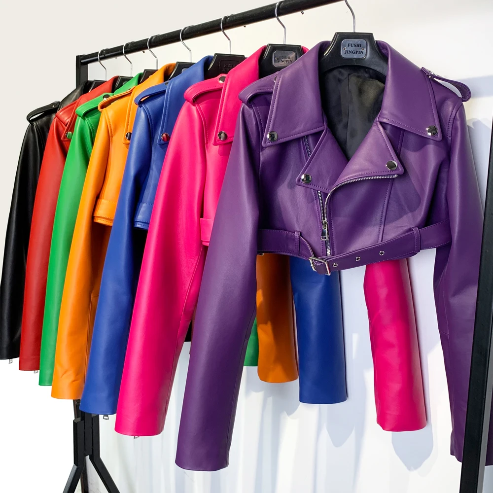 Real Leather Jacket Women Long Sleeve Short Moto Biker Jacket for Ladies  Streetwear