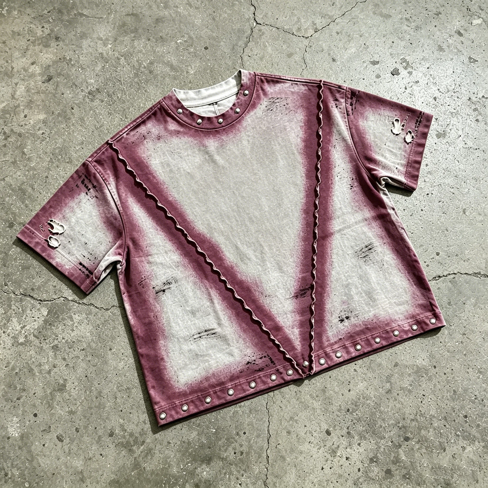 Vintage Retro Oversized Distressed Ripped Patchwork Studded Cotton Casual Acid Wash Tee Streetwear Acid Wash T-shirt gallery 7